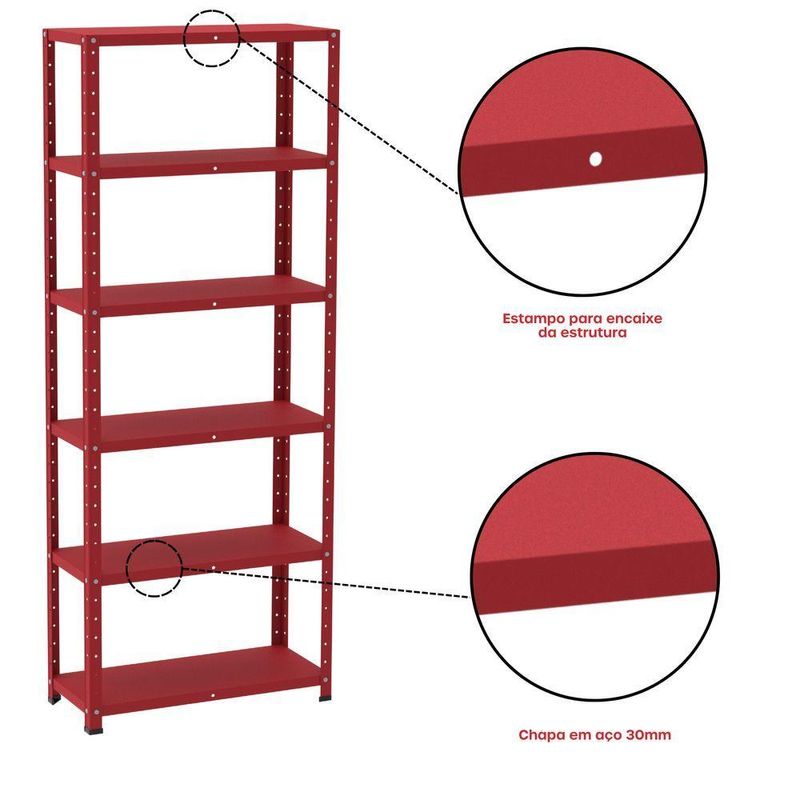 Estante De Estrutura Metálica Com 6 Prateleiras 175cm(a)92acm(l)40cm(p) Com Reforço Vermelho