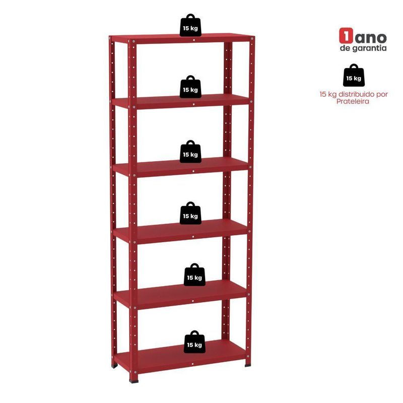 Estante De Estrutura Metálica Com 6 Prateleiras 175cm(a)92acm(l)40cm(p) Com Reforço Vermelho