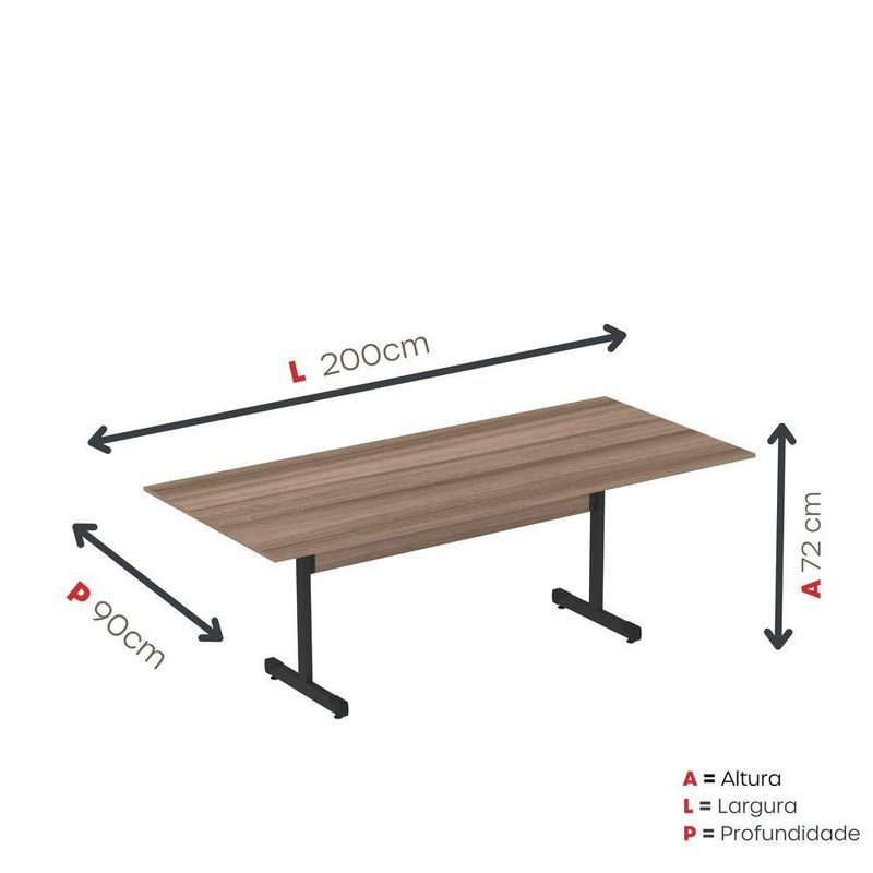 Mesa De Reunião 200cm Para Escritório Com Pés Tubulares Em Aço Linha P15