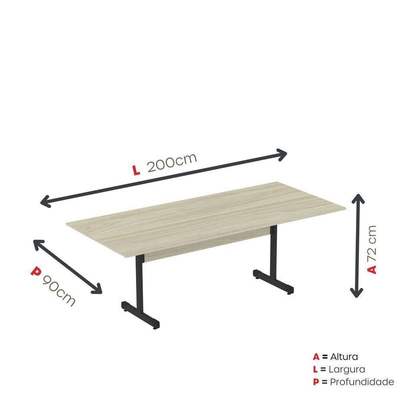 Mesa De Reunião 200cm Para Escritório Com Pés Tubulares Em Aço Linha P15