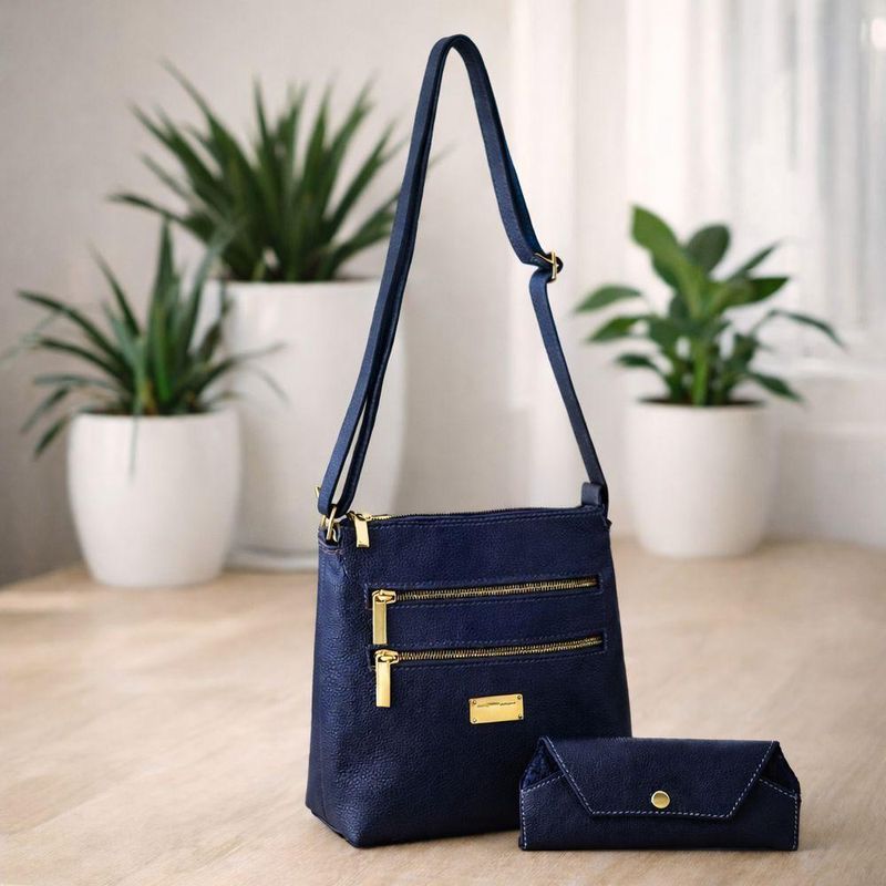 Kit Bolsa E Porta Oculos Direto De Fábrica Topgrife Atacado Couro Cor Azul Marinho Tamanho único