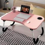 Mesa Notebook Dobravel Home Office Bandeja Sofa Cama Multiuso Suporte Porta Copo Rosa