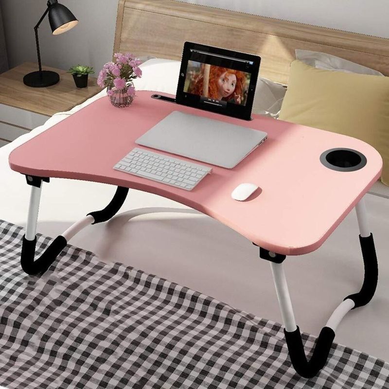 Mesa Notebook Dobravel Home Office Bandeja Sofa Cama Multiuso Suporte Porta Copo Rosa