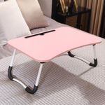 Mesa Notebook Dobravel Home Office Bandeja Sofa Cama Multiuso Suporte Porta Copo Rosa