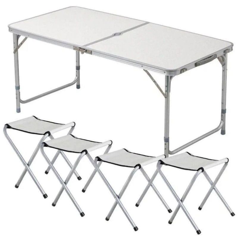 Mesa Maleta Dobravel Em Aluminio Com 4 Cadeiras Portatil 120x60cm Altura Ajustavel