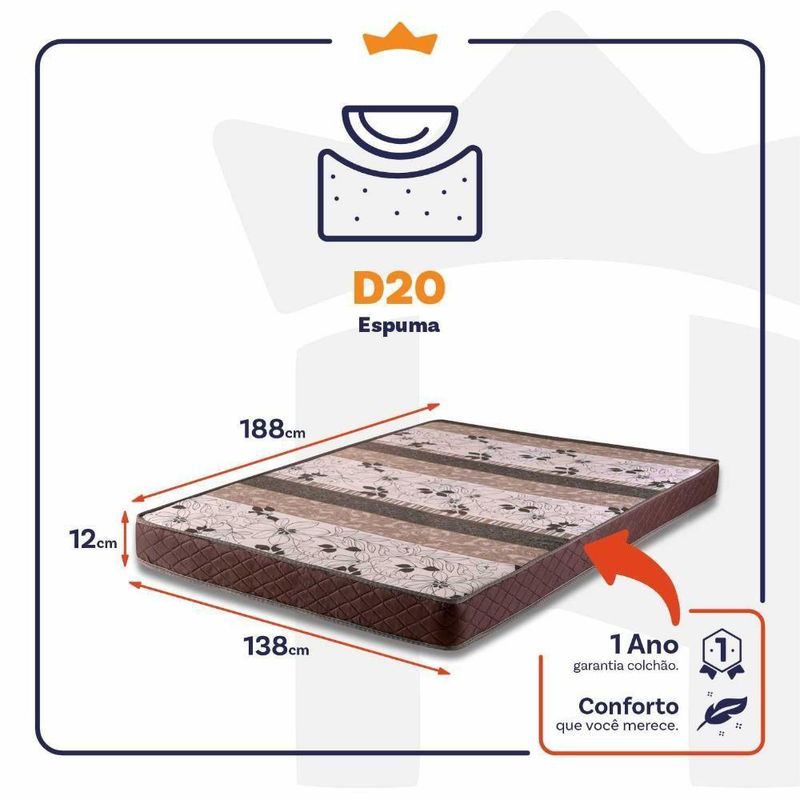 Colchão Casal Espuma D20 Cayene 138x188x12 Marrom
