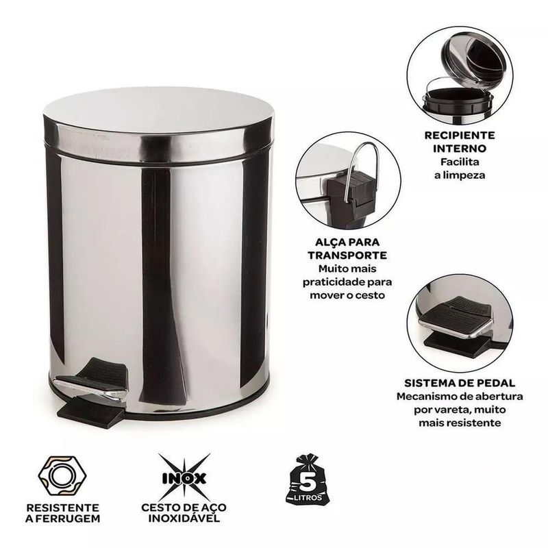 Lixeira Inox Redonda 5 Litros Casa Banheiro Pedal Vintage 5l Cesto Removivel Aco Prateado Luxo