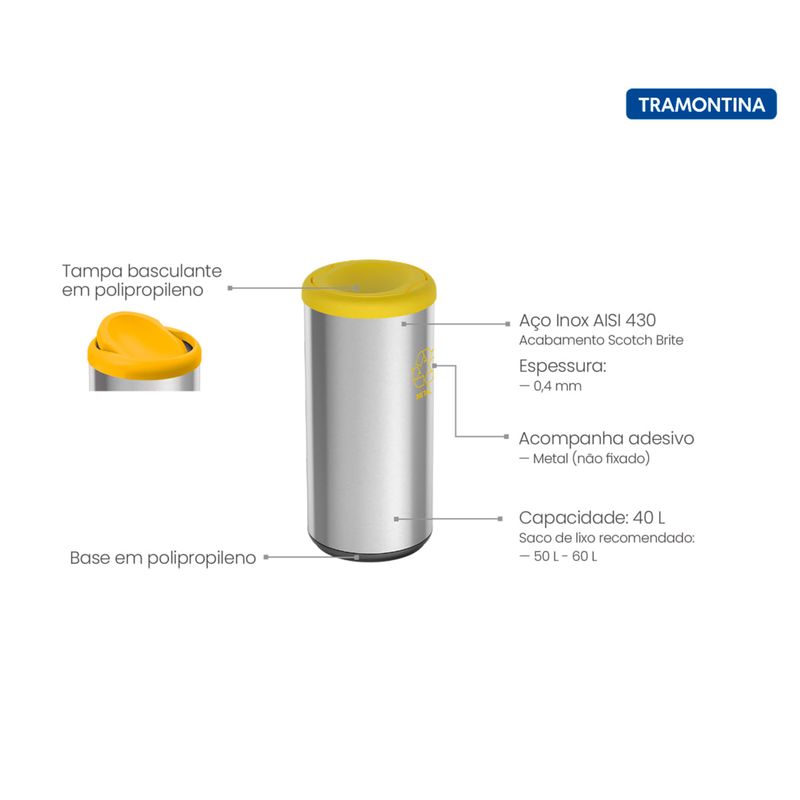 Lixeira Inox Tramontina Piemonte Tampa Basculante Amarela em Polipropileno 40 L