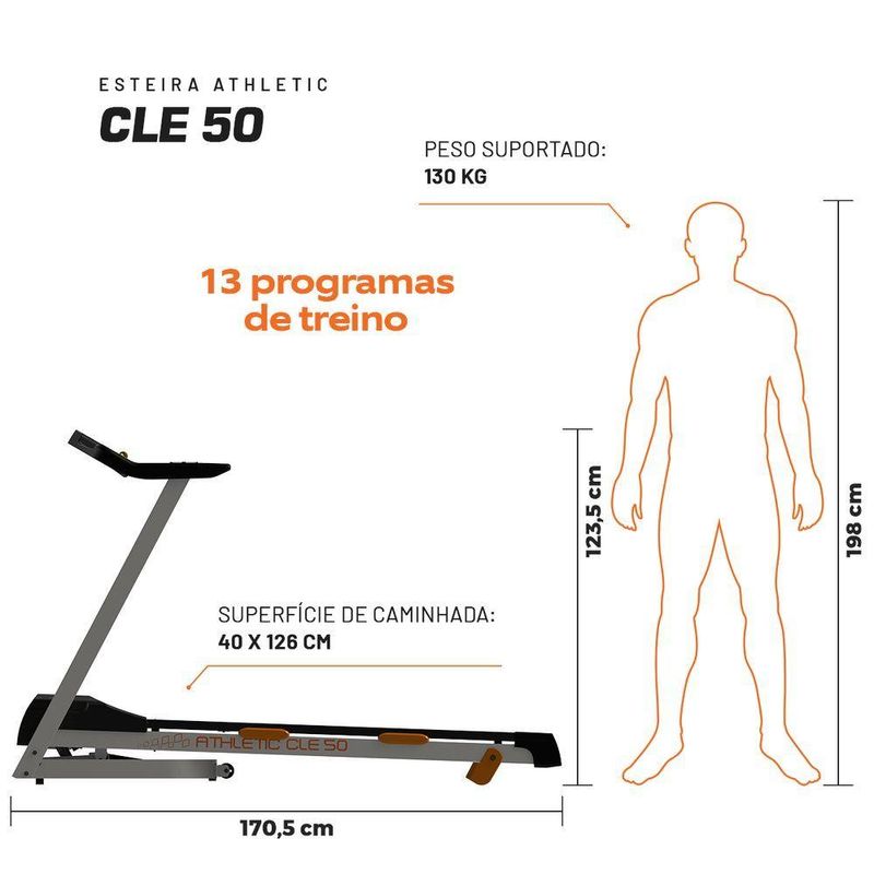 Esteira Elétrica Athletic Cle 50 16km/h 130kg Suportados Inclinação Eletrônica 12 Níveis 13programas 110V
