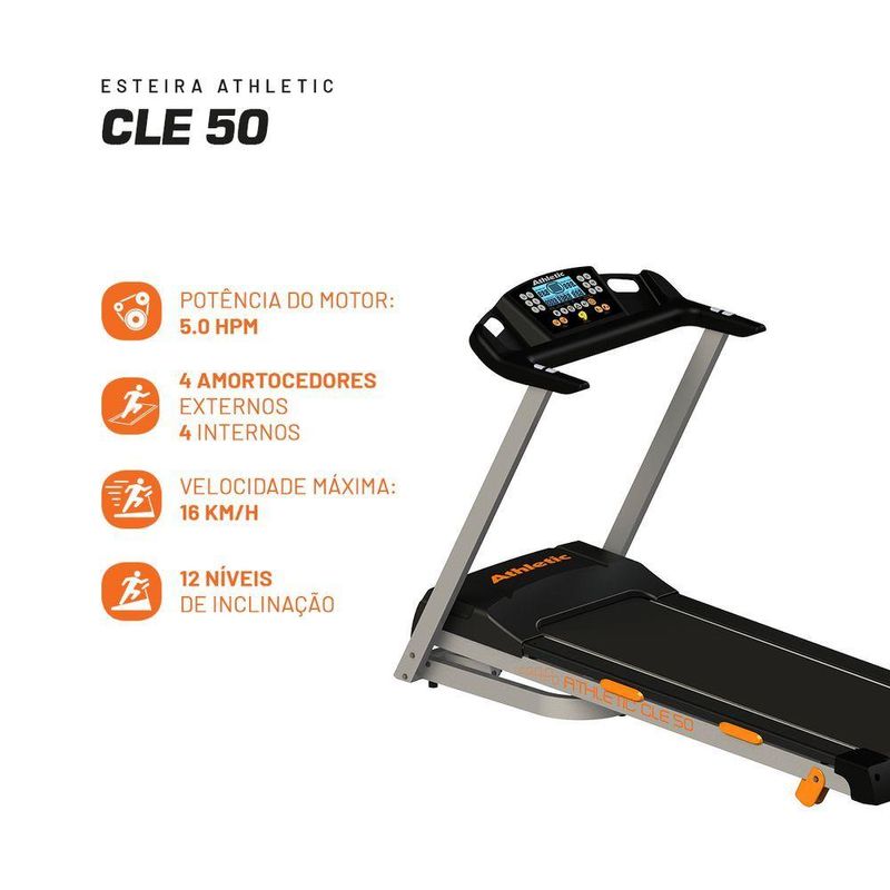 Esteira Elétrica Athletic Cle 50 16km/h 130kg Suportados Inclinação Eletrônica 12 Níveis 13programas 110V