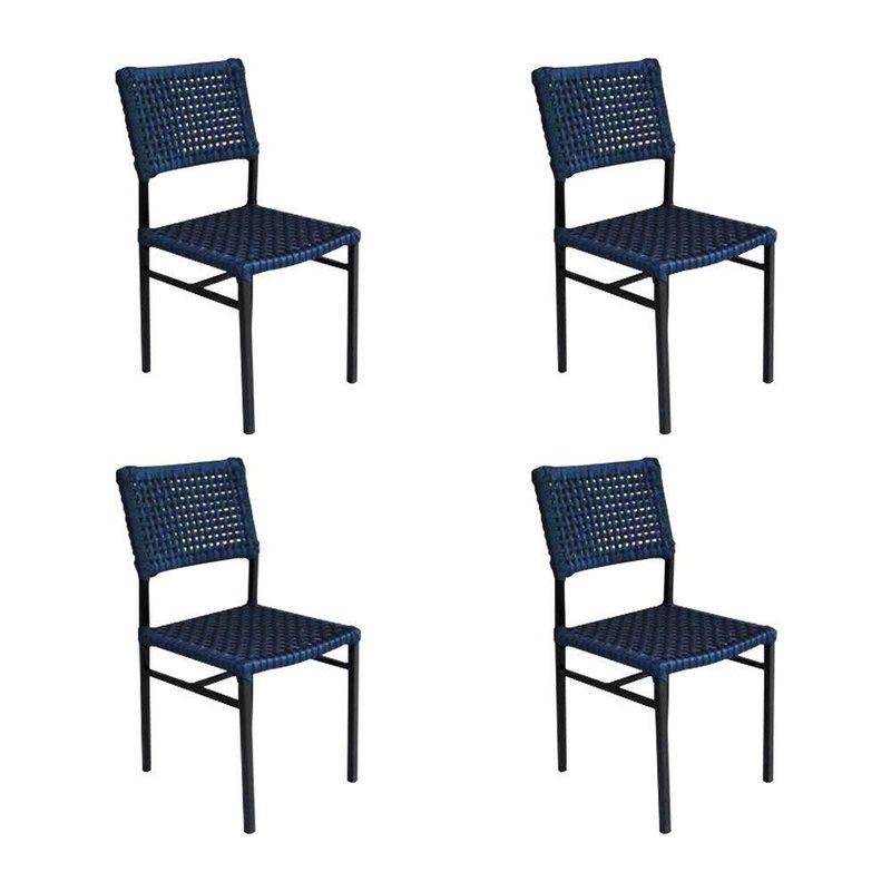 Kit 4 Cadeiras França Corda Náutica Base Em Alumínio Preto-azul Marinho