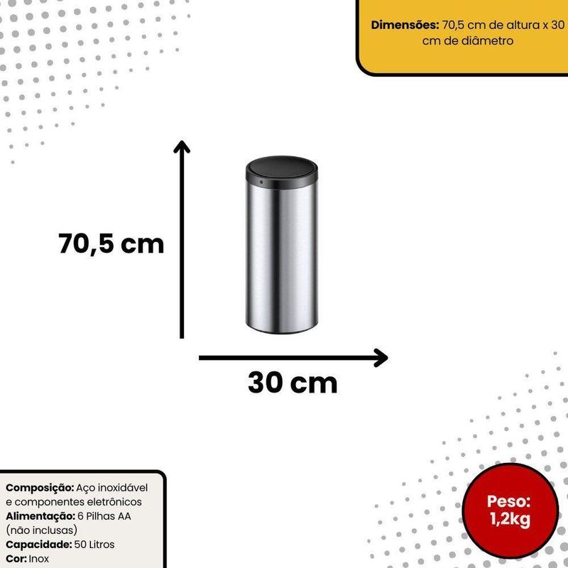 Lixeira Automática Redonda Em Aço Inox 50 Litros Com Sensor