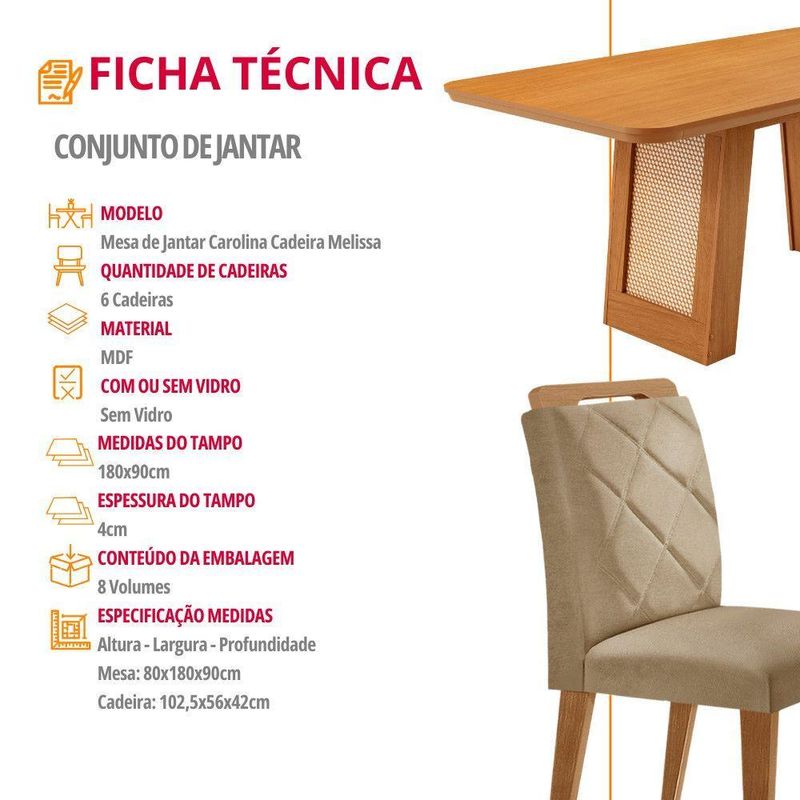 Mesa De Jantar Carolina Com 6 Cadeiras Moderna Mobilia Turim 07/ Laminado