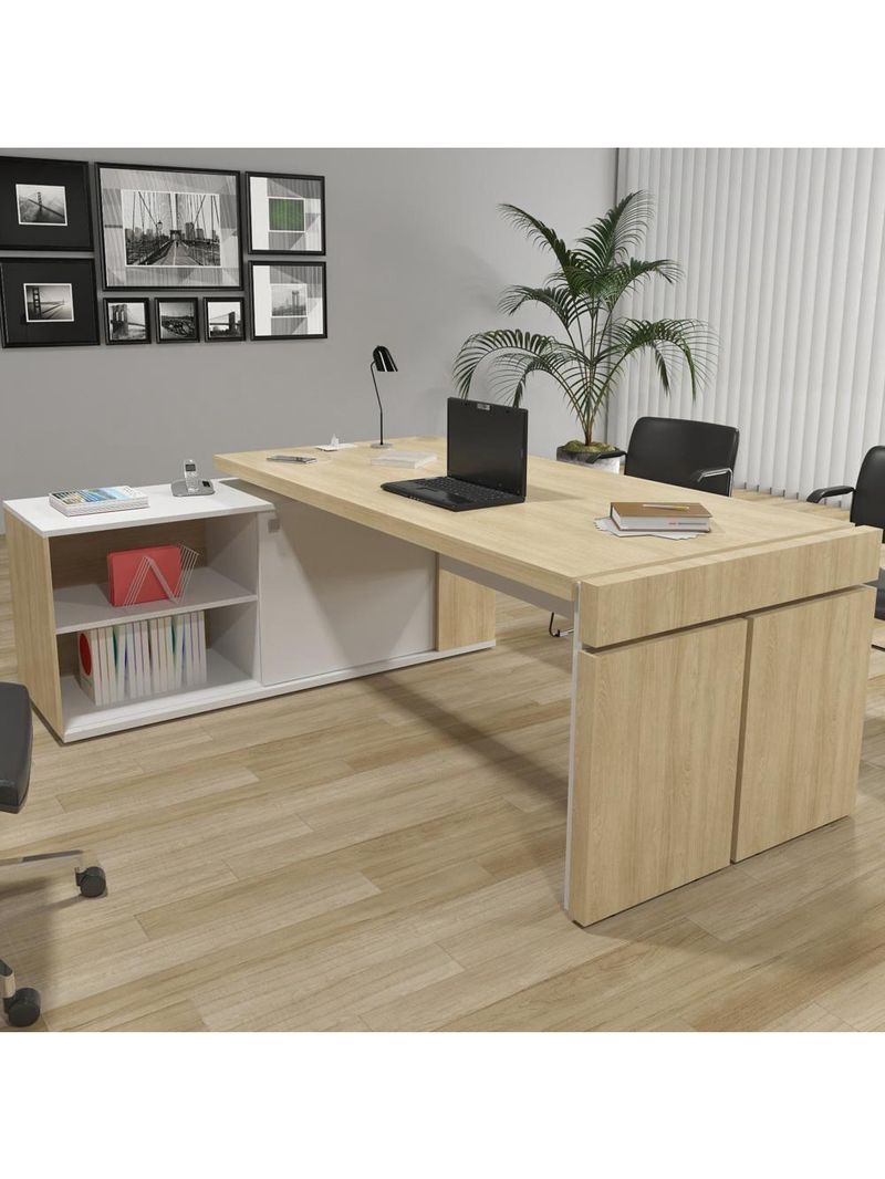 Mesa Escritório Em L Caixa Com Tomada Atria Executiva 200x183cm A02 Carvalho Branco
