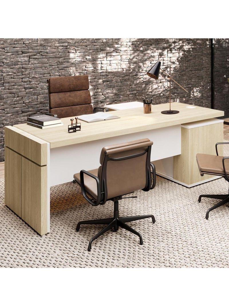 Mesa Escritório Em L Caixa Com Tomada Atria Executiva 200x183cm A02 Carvalho Branco