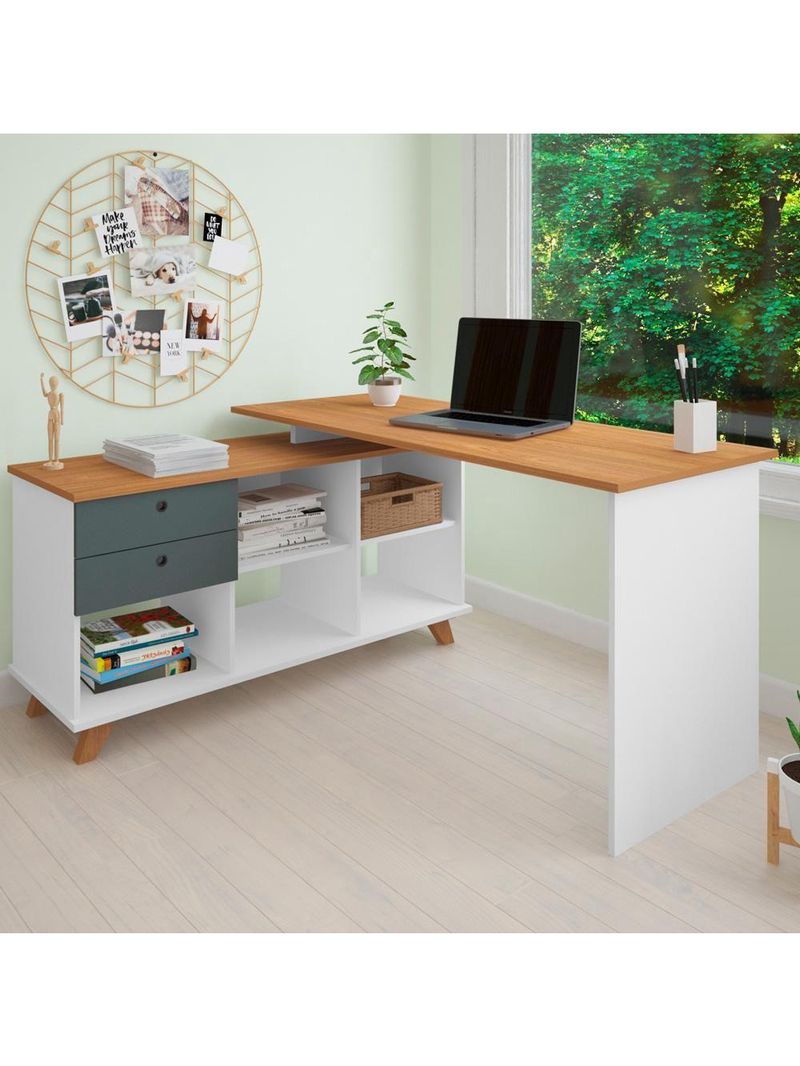 Mesa Para Escritório Home Office Escrivaninha Gold A02 Freijó Grafito Branco - Lyam Decor