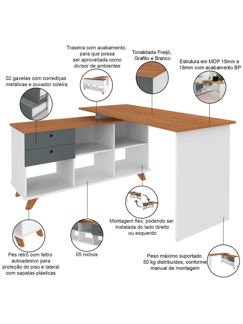 Mesa Para Escritório Home Office Escrivaninha Gold A02 Freijó Grafito Branco - Lyam Decor