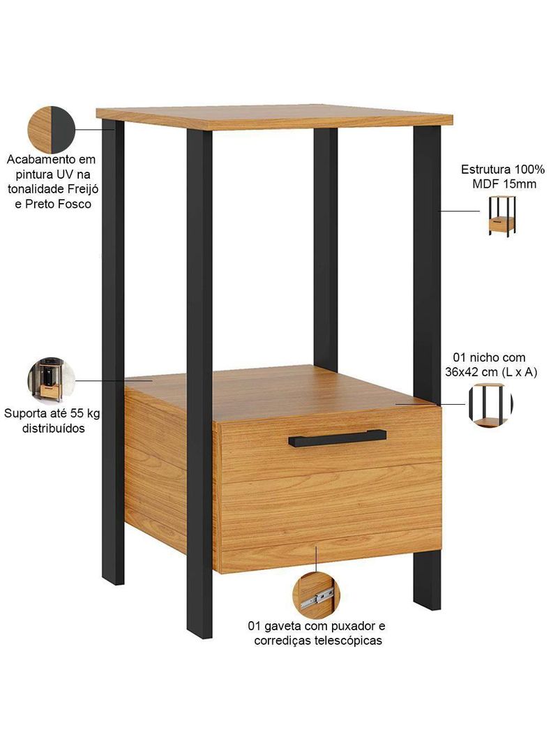 Mesa Auxiliar Para Escritório 01 Gaveta Industrial Batel D03 Freijó Preto Fosco - Lyam Decor