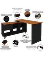 Mesa Para Escritório Home Office Escrivaninha Gold A02 Freijó Preto - Lyam Decor
