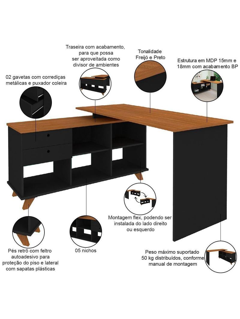 Mesa Para Escritório Home Office Escrivaninha Gold A02 Freijó Preto - Lyam Decor