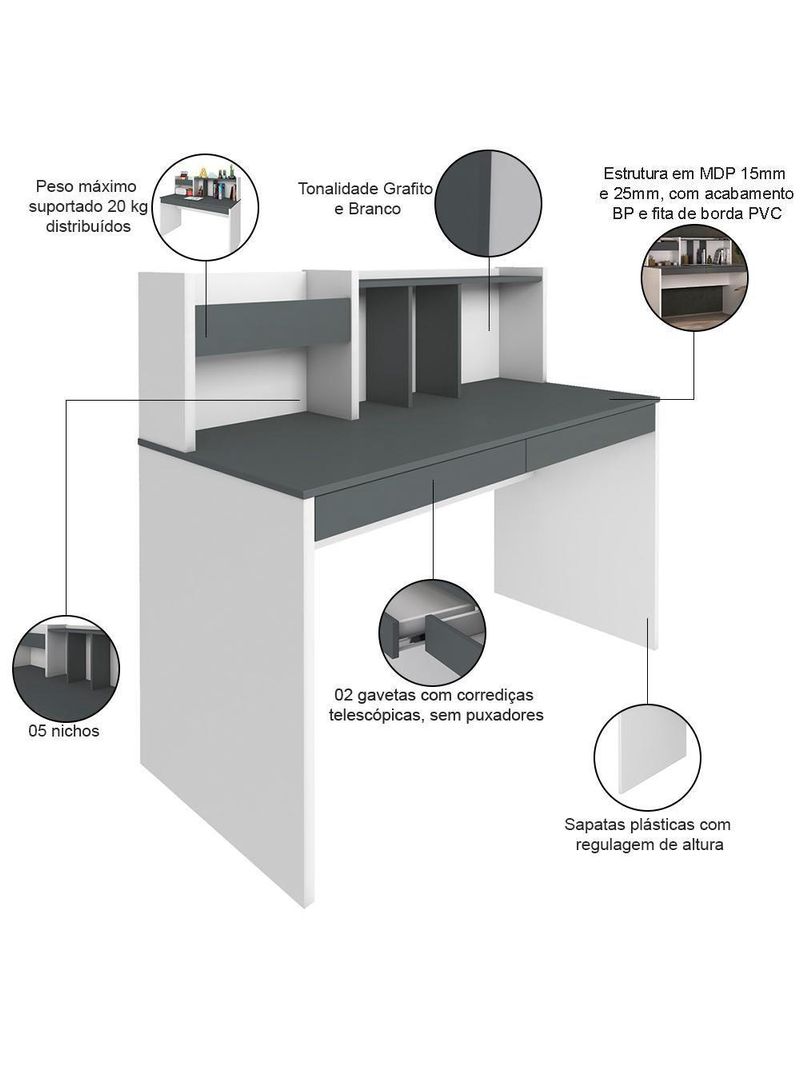 Mesa Para Escritório Escrivaninha Home Office Cefas A02 Grafito Branco - Lyam Decor