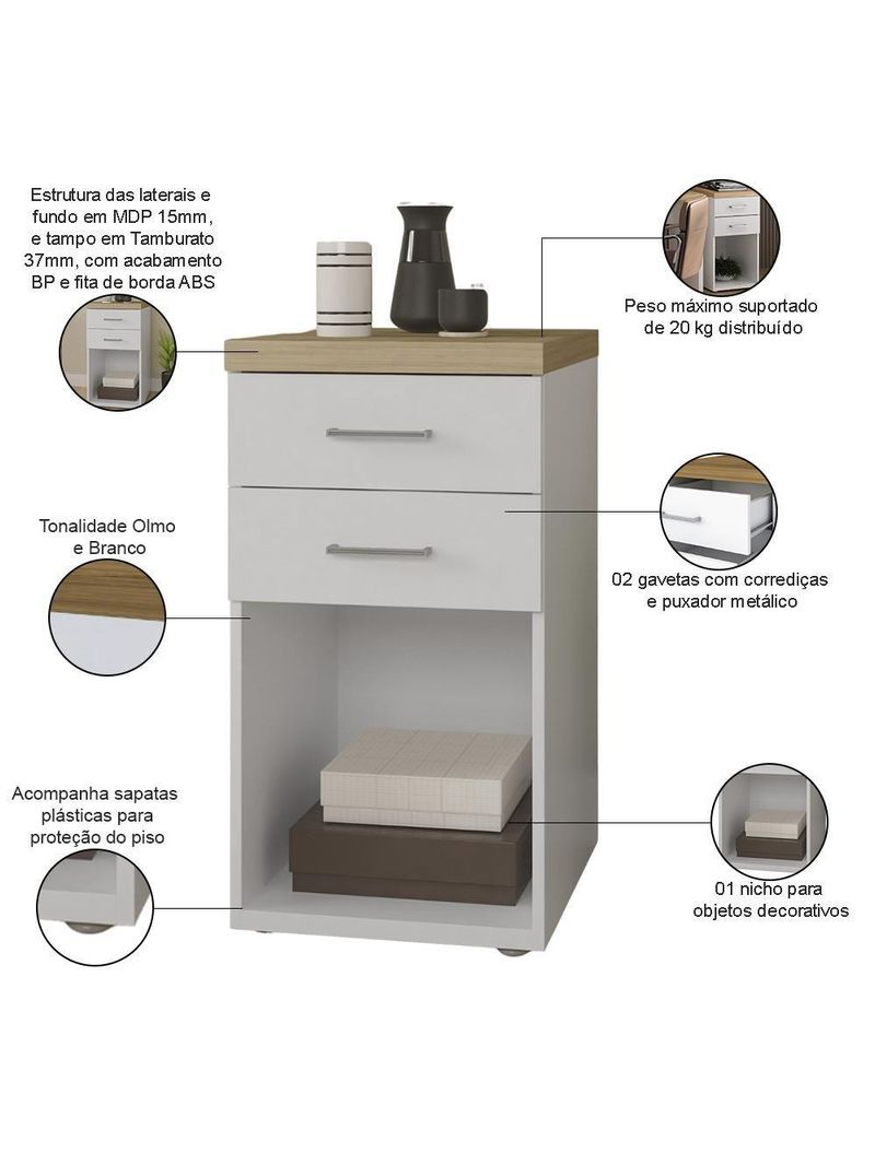 Gaveteiro Para Escritório Home Office 2 Gavetas Orly A02 Olmo Branco - Lyam Decor