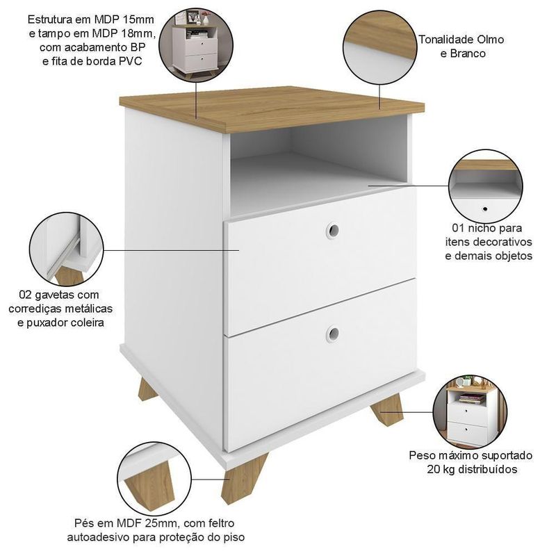 Gaveteiro Para Escritório Home Office 2 Gavetas Diem A02 Olmo Branco - Lyam Decor