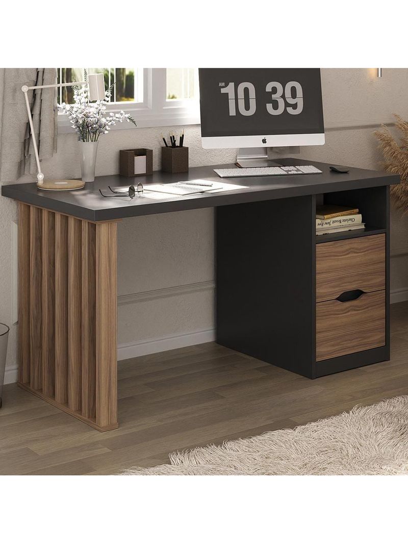Mesa Para Escritório Escrivaninha Home Office Dora A02 Preto Nogal - Lyam Decor