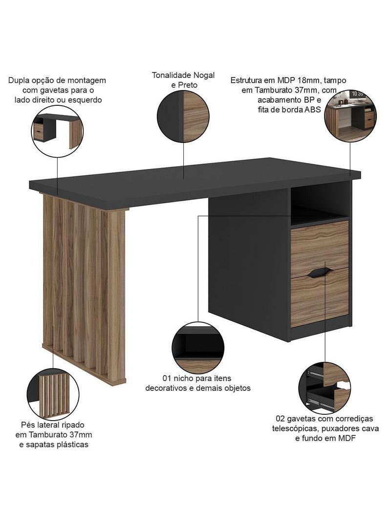 Mesa Para Escritório Escrivaninha Home Office Dora A02 Preto Nogal - Lyam Decor
