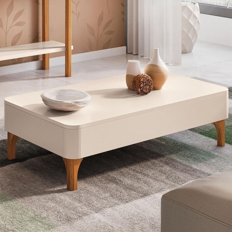 Mesa De Centro Baixa Para Sala Pé Madeira Liz Off White - Hb Móveis