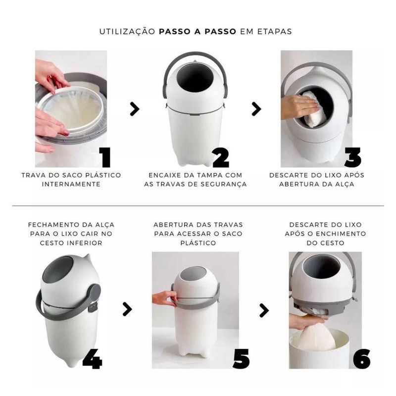 Lixeira para Fraldas Mágica Antiodor 10L Vedação Total Branco Infantil