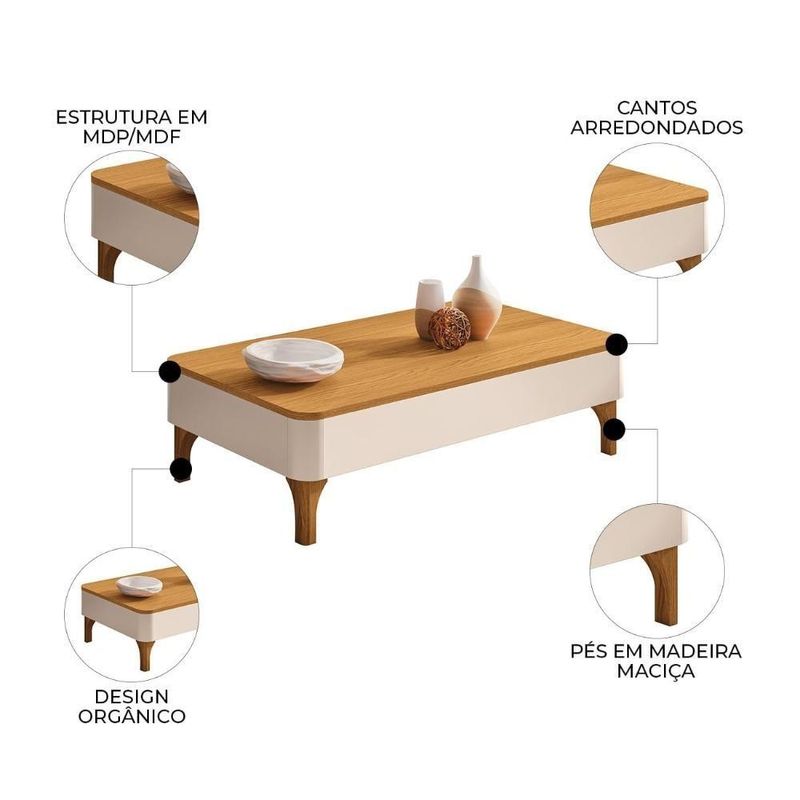Mesa De Centro Baixa Para Sala Pé Madeira Thalia Off/cinamomo H01 - Mpozenato