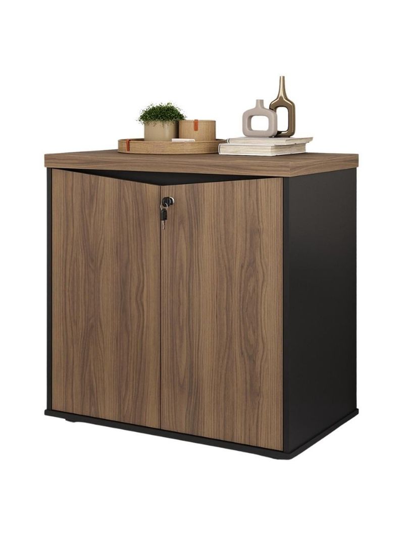 Balcão Para Escritório Com Chave Multiuso 2 Portas Unik A02 Nogal Preto - Lyam Decor
