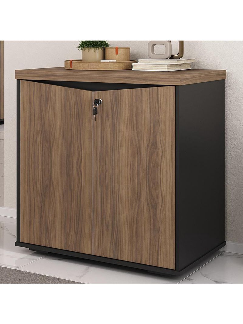 Balcão Para Escritório Com Chave Multiuso 2 Portas Unik A02 Nogal Preto - Lyam Decor