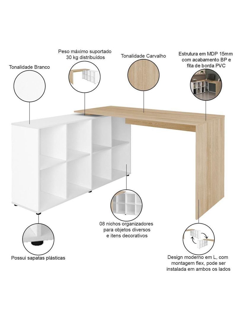 Mesa Para Escritório Escrivaninha Home Office Nero A02 Carvalho Branco - Lyam Decor