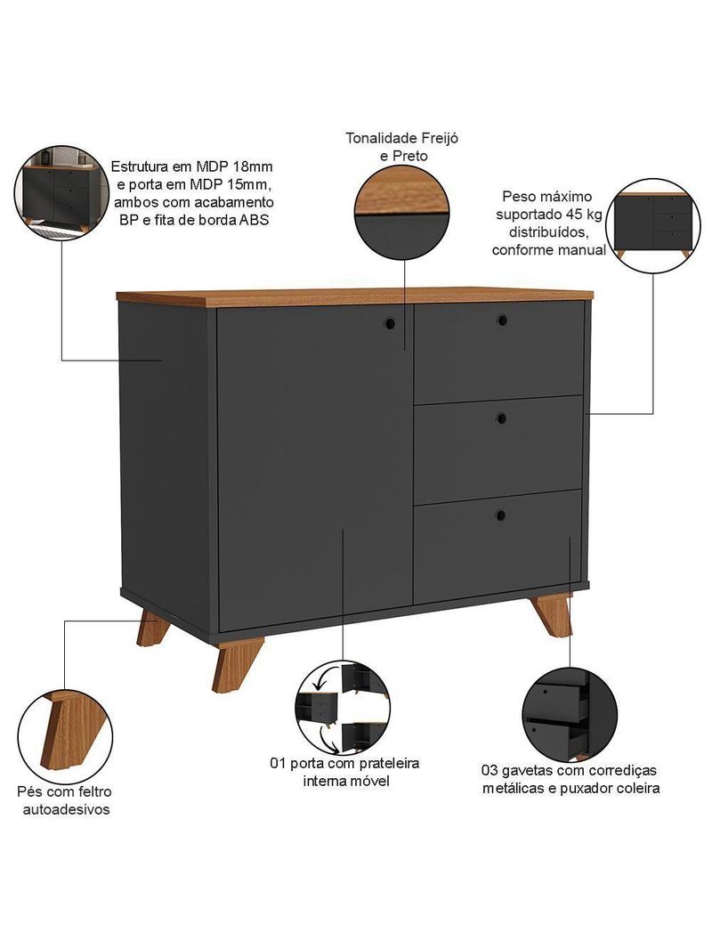 Balcão Para Escritório Home Office Multiuso Lugano A02 Freijó Preto - Lyam Decor
