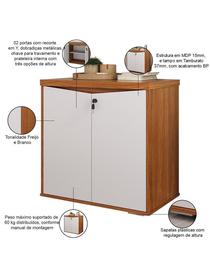 Balcão Para Escritório Com Chave Multiuso 2 Portas Unik A02 Freijó Branco - Lyam Decor