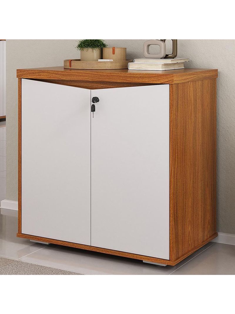 Balcão Para Escritório Com Chave Multiuso 2 Portas Unik A02 Freijó Branco - Lyam Decor