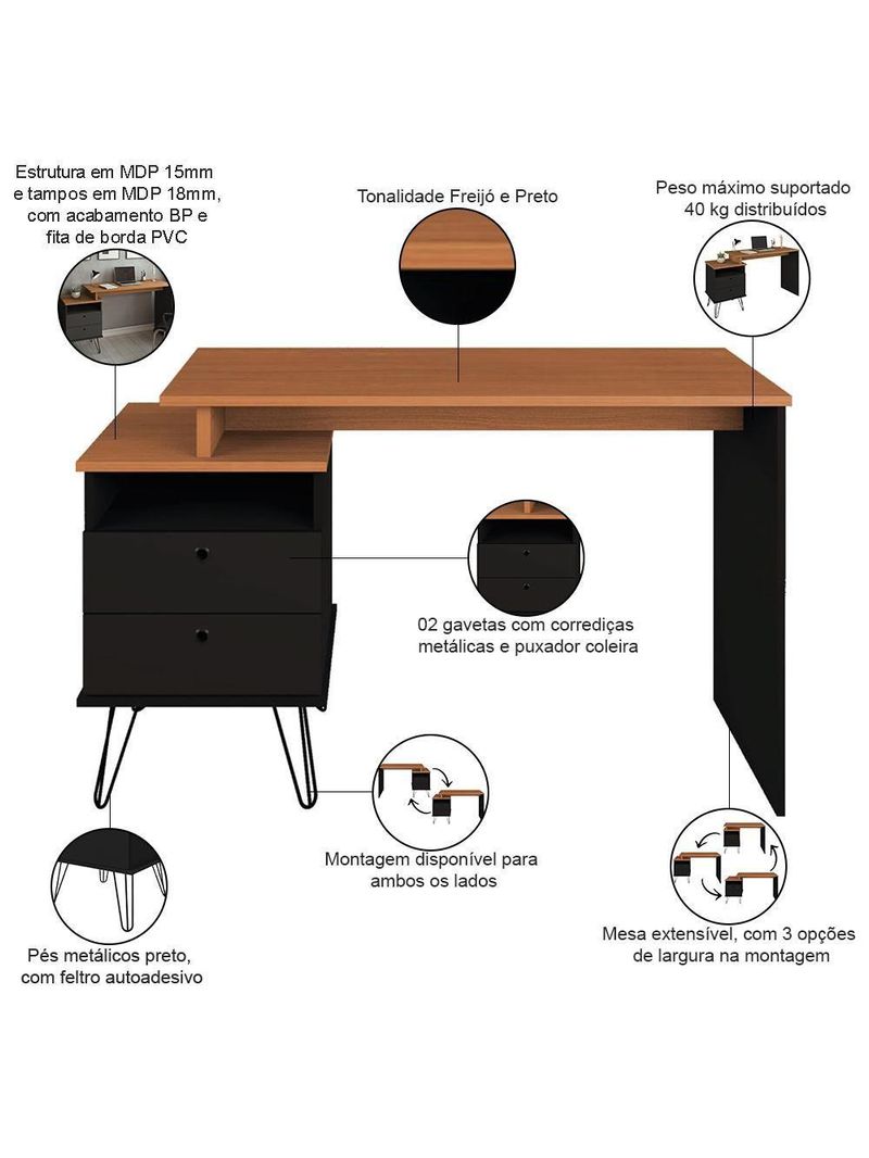 Mesa Para Escritório Escrivaninha Home Office Versa A02 Freijó Preto - Lyam Decor