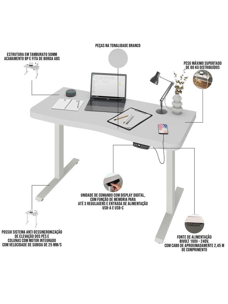 Mesa Com Regulagem De Altura Elétrica Para Escritório Home Office Aurum A02 Branco - Lyam Decor