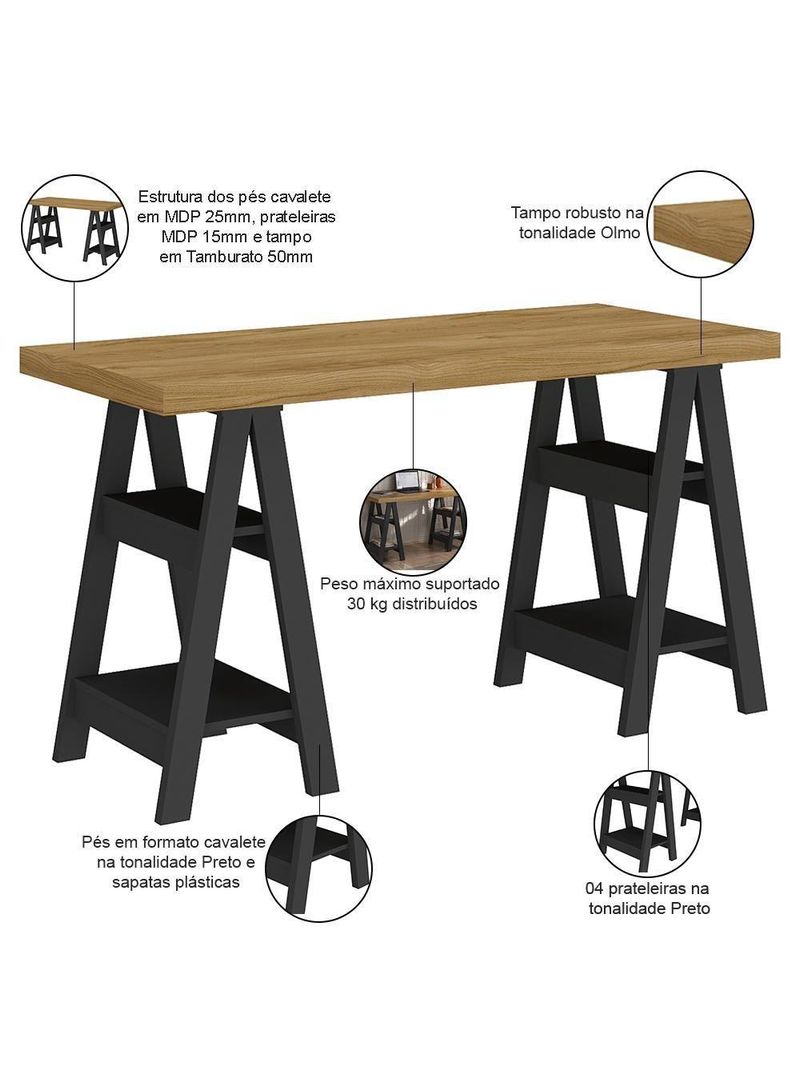 Mesa Para Escritório Escrivaninha Home Office Art A02 Olmo Preto - Lyam Decor