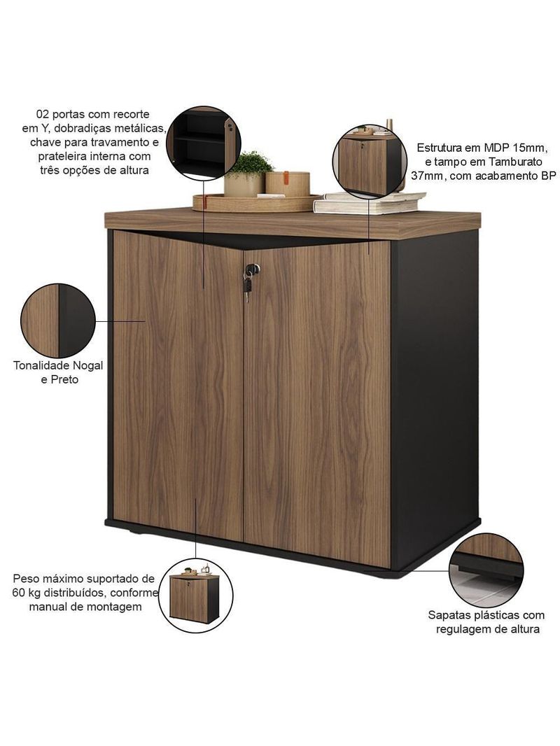 Balcão Para Escritório Com Chave Multiuso 2 Portas Unik A02 Nogal Preto - Lyam Decor