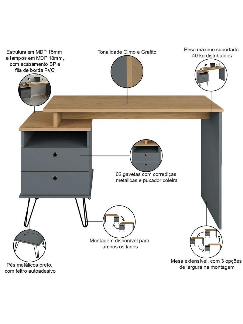 Mesa Para Escritório Escrivaninha Home Office Versa A02 Olmo Grafito - Lyam Decor
