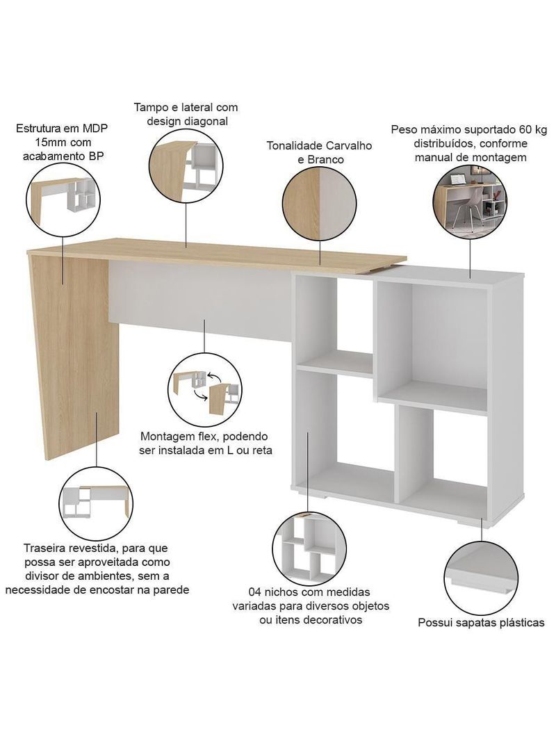 Mesa Para Escritório Escrivaninha Home Office Urban A02 Carvalho Branco - Lyam Decor
