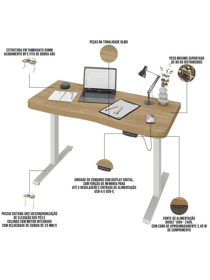 Mesa Com Regulagem De Altura Elétrica Para Escritório Home Office Aurum A02 Olmo - Lyam Decor