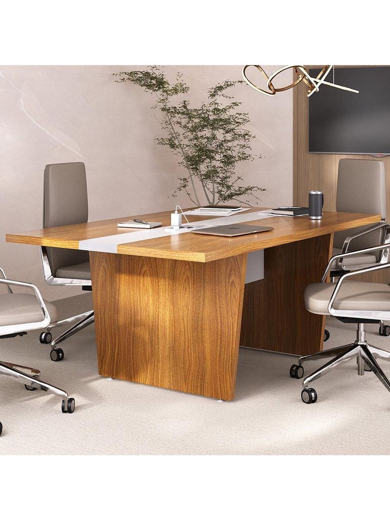 Mesa De Reunião Para Escritório Com 02 Tomadas 179cm Unik A02 Freijó Branco - Lyam Decor