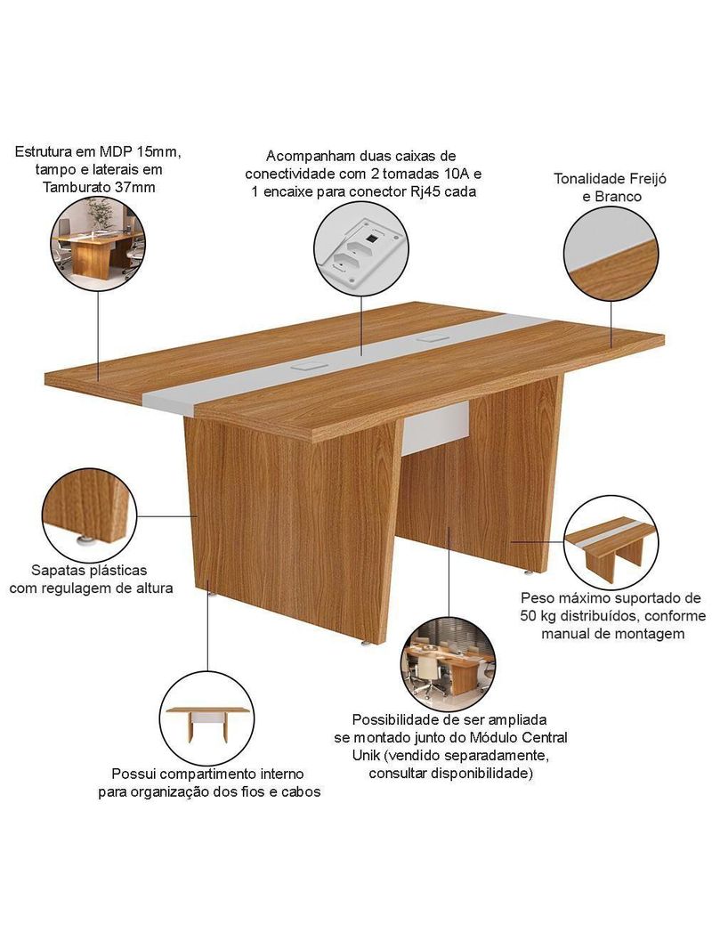 Mesa De Reunião Para Escritório Com 02 Tomadas 179cm Unik A02 Freijó Branco - Lyam Decor