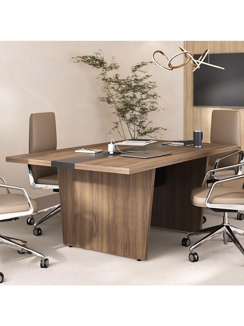 Mesa De Reunião Para Escritório Com 02 Tomadas 179cm Unik A02 Nogal Preto - Lyam Decor