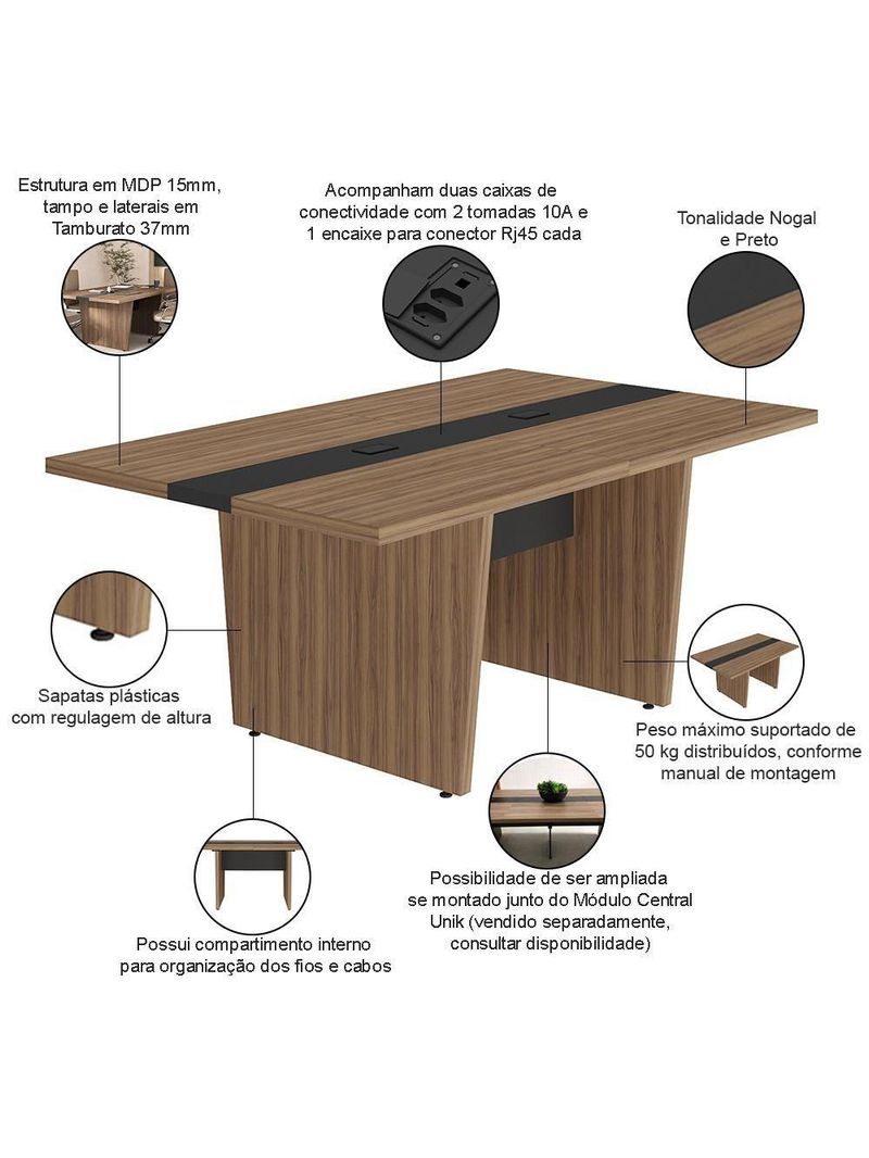 Mesa De Reunião Para Escritório Com 02 Tomadas 179cm Unik A02 Nogal Preto - Lyam Decor