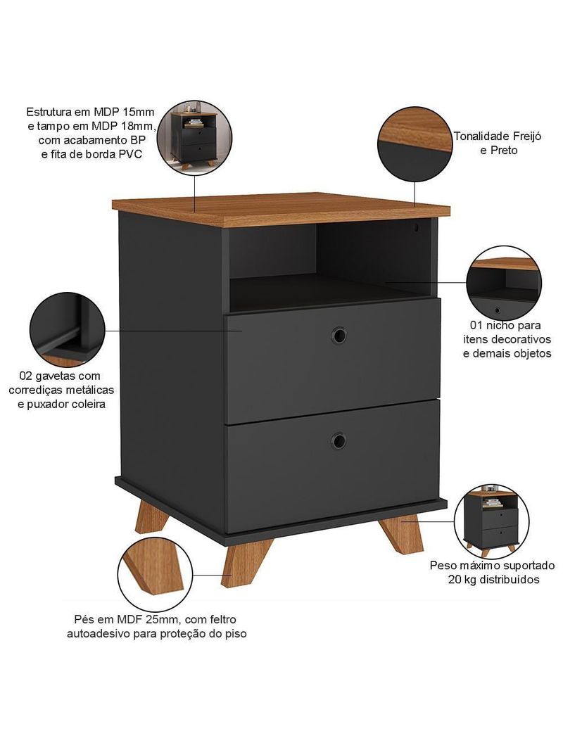 Kit 02 Gaveteiros Para Escritório Home Office 2 Gavetas Diem A02 Freijó Preto - Lyam Decor